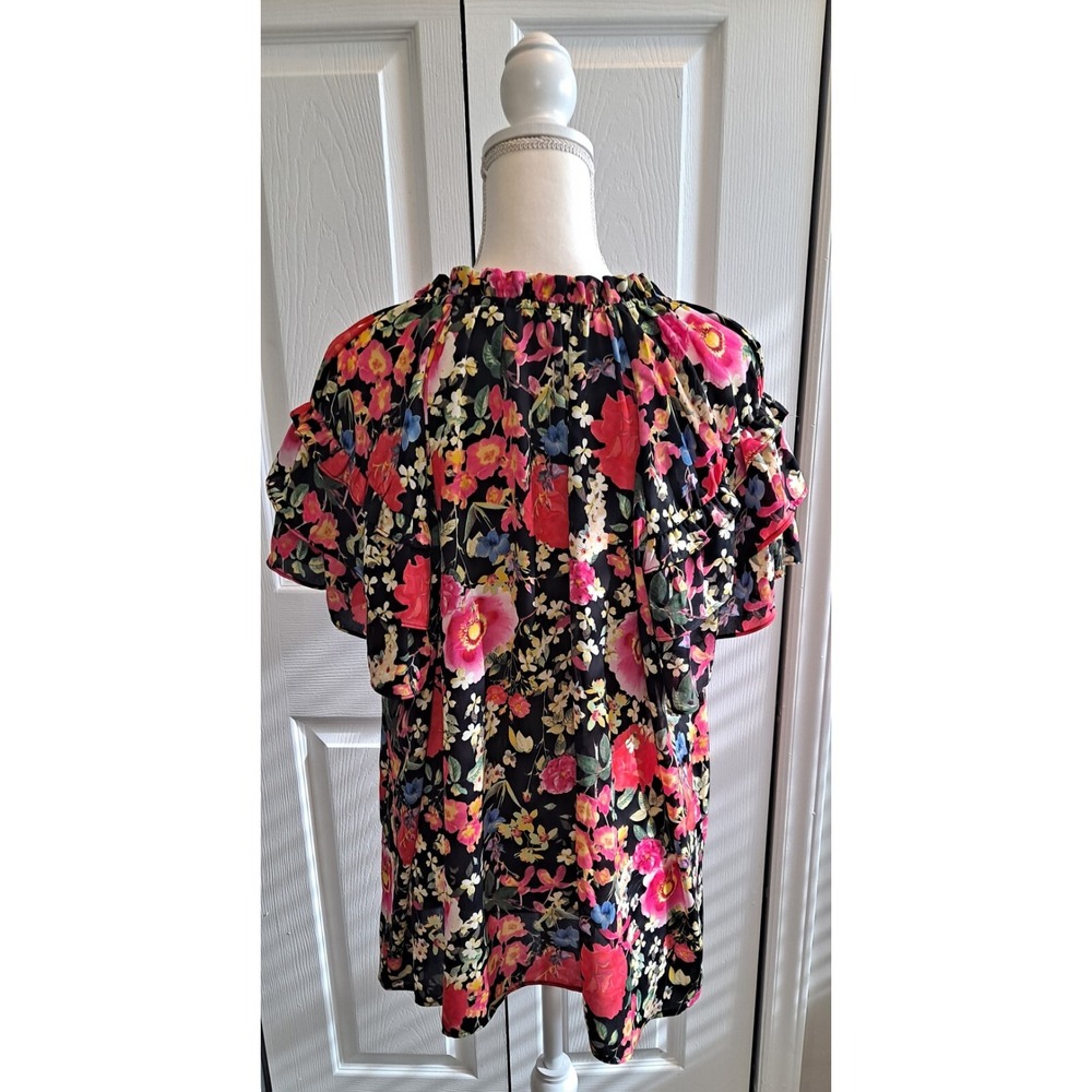 3XL Rose+Olive Black Floral‎ Ruffel Short Sleeve Top With Tassel Tie - Picture 4 of 7